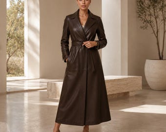 Women's Brown Leather Trench Coat | Handmade Genuine Leather Long Coat