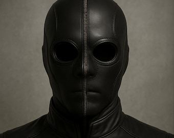 Vollgesicht Schwarz Leder Reißverschluss Maske | Stealth Cosplay Haube | Halloween Horror Kostüm | Gothic Fetisch Gimp Maske | Latexfreie Unisex-Kopfbedeckung