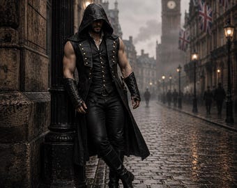 Könnte beinhalten: Ein ärmelloser schwarzer Mantel mit goldenen Knöpfen, eine passende Weste und eine eng anliegende Hose. Das Outfit umfasst eine Kapuze, lederartige Unterarmschoner und hohe schwarze Stiefel. Die Kleidung wird in einer Stadt mit einem Uhrturm getragen.