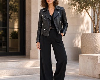 Black Leather Biker Jacket, Women's Genuine Moto Slim Fit Coat