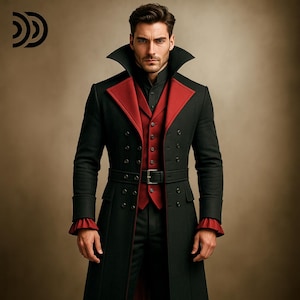 Men’s Leather Gothic Vampire Trench Coat – Black Red Steampunk Tailcoat | Victorian Halloween Costume Jacket | Vampire Cosplay Outfit