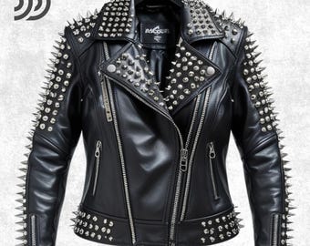 Handgefertigte Schwarze Leder Bikerjacke mit Nieten: Punk Goth Moto Coat
