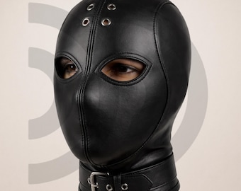 Schwarze Fetisch Haube mit Augen Öffnungen, Handgefertigte Verstellbare Rindsleder Kostüm Kopfbedeckung