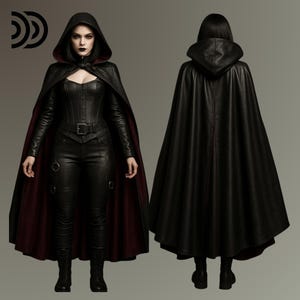 Pode incluir: Uma capa preta com capuz e forro bord&ocirc;, combinada com um traje de couro preto a condizer. O traje inclui um espartilho, cal&ccedil;as e botas. A imagem mostra as vistas frontal e traseira do conjunto.