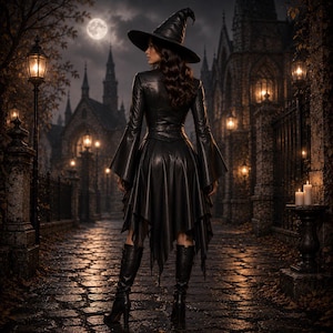 black witch,
witch costume,
leather witch,
witch dress,
halloween witch,
gothic costume,
dark witch,
witch cosplay,
leather costume,
fantasy witch,
witch hat,
dark fantasy,
renaissance fair,
Back view of handmade black leather witch costume with flowing asymmetrical skirt, fitted waist and witch hat for Halloween cosplay and gothic fashion.
