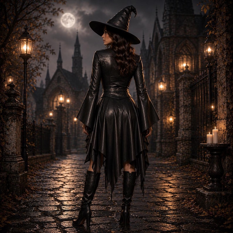 black witch,
witch costume,
leather witch,
witch dress,
halloween witch,
gothic costume,
dark witch,
witch cosplay,
leather costume,
fantasy witch,
witch hat,
dark fantasy,
renaissance fair,
Back view of handmade black leather witch costume with flowing asymmetrical skirt, fitted waist and witch hat for Halloween cosplay and gothic fashion.