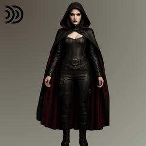 Pode incluir: Um traje de couro preto com uma capa com capuz com forro bord&ocirc;, um espartilho e cal&ccedil;as justas. O traje inclui um cinto e &eacute; combinado com botas pretas. O estilo geral &eacute; g&oacute;tico e ousado.