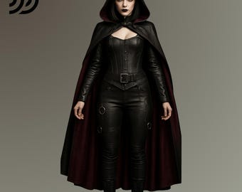 Gothic leren kostuumset: heksenmantel, korset en broek
