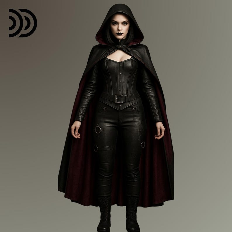 Pode incluir: Um traje de couro preto com uma capa com capuz com forro bord&ocirc;, um espartilho e cal&ccedil;as justas. O traje inclui um cinto e &eacute; combinado com botas pretas. O estilo geral &eacute; g&oacute;tico e ousado.
