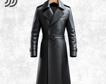 Trench in pelle nera fatto a mano: cappotto doppiopetto da uomo