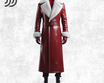 Gabardina de cuero rojo hecha a mano: abrigo de invierno para hombre con piel sintética blanca