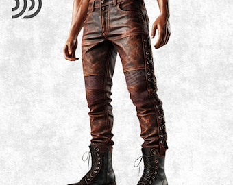 Handmade Brown Cowhide Leather Biker Pants – Lace-Up Moto Jeans