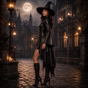 black witch,
witch costume,
leather witch,
witch dress,
halloween witch,
gothic costume,
dark witch,
witch cosplay,
leather costume,
fantasy witch,
witch hat,
dark fantasy,
renaissance fair,
Side view of women's black leather witch costume with pointed witch hat, gothic fantasy cosplay outfit handcrafted for Halloween and Renaissance fair events.