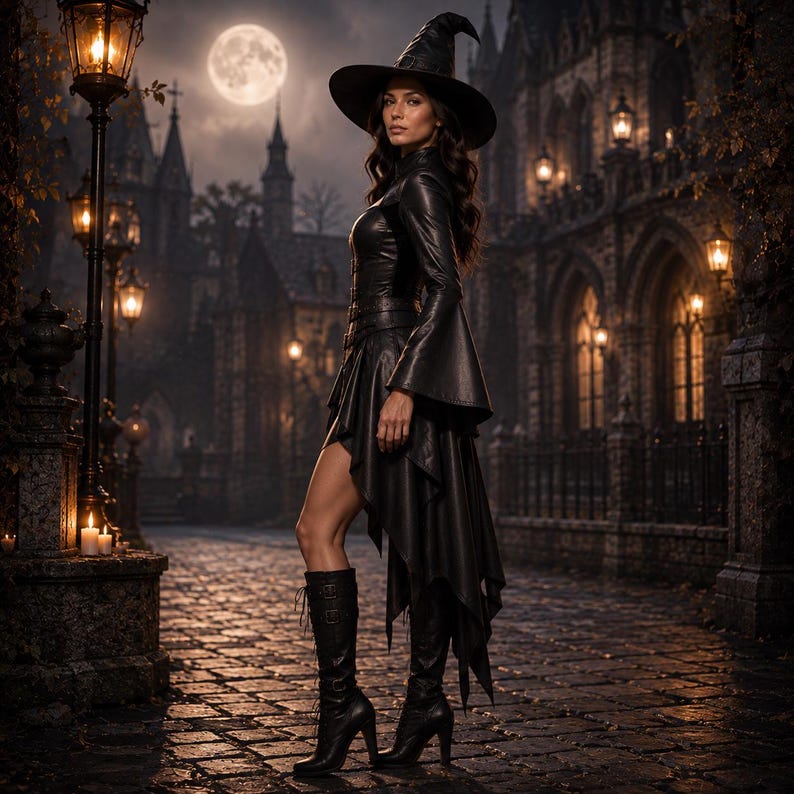 black witch,
witch costume,
leather witch,
witch dress,
halloween witch,
gothic costume,
dark witch,
witch cosplay,
leather costume,
fantasy witch,
witch hat,
dark fantasy,
renaissance fair,
Side view of women's black leather witch costume with pointed witch hat, gothic fantasy cosplay outfit handcrafted for Halloween and Renaissance fair events.