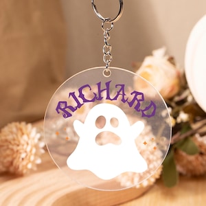Llavero de Halloween, redondo de acrílico con nombre, espeluznante pero adorable, con forma de murciélago fantasma y calabaza, colgante para bolso, regalo de Halloween.