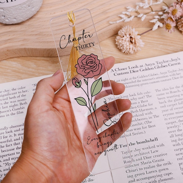 Custom Birth Flower Bookmark with Tassel, Chapter 30 40 50 Name Bookmark, Birthday Keepsake, Gift For Book Lover, Bookish Xmas Gift for Her