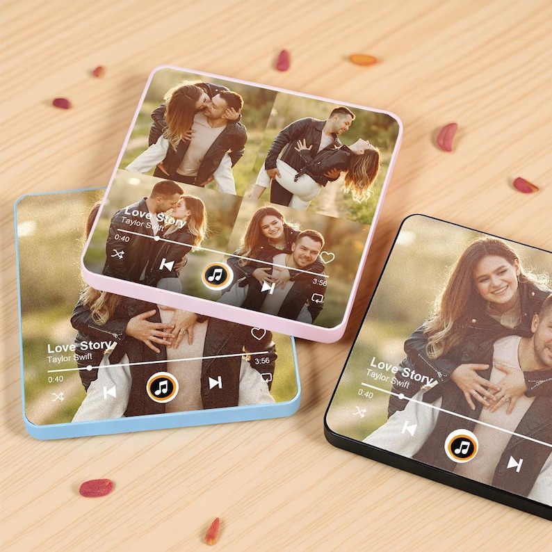 May include: Three square personalized phone cases with a photo collage of a couple. The cases are in pink, blue, and black. Each case displays a music player interface with the text "Love Story Taylor Swift".