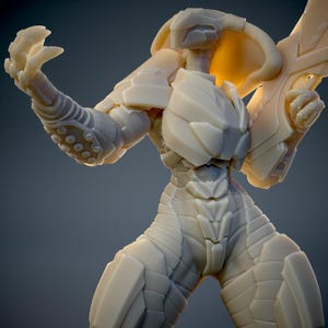 May include: A light-colored, futuristic humanoid figure with segmented armor and a weapon. The figure has a detailed design, with articulated joints and a textured surface. The overall aesthetic suggests a science fiction or fantasy theme.