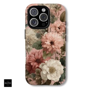 Pink Flower Phone Case for iPhone Case Floral iPhone Case Tough Phone Case Vintage Phone Case Impact Resistant Phone Case Pink iPhone Cover