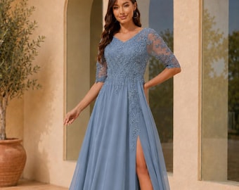 Beaded Lace Mother of the Bride Gown, V-Neck Formal Dress with Slit
