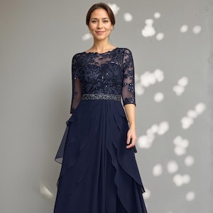 Long Chiffon Lace Mother of the Bride Dress with Sequins Beading,A-line Illusion Mother of the Groom Dress, Wedding Guest Dress for Women