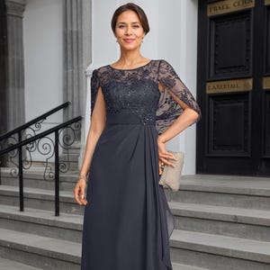 Lace Chiffon Mother of the Bride Dress, Sequin Lace Mother of the Groom Dress,A-line Scoop Illusion Wedding Guest Dress,Lace Formal Dress