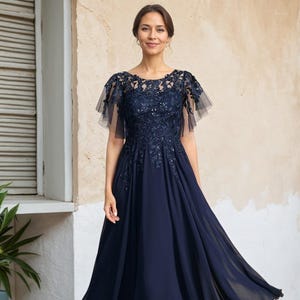 Tea Length Chiffon Lace Mother of the Bride Dress with Sequins,A-line Illusion Mother of the Groom Dress,Wedding Guest Dress for Women