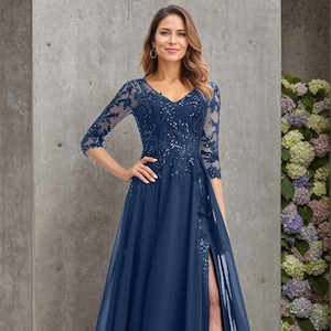Handmade Lace Chiffon Mother of the Bride Dress: Sequined V-Neck Gown
