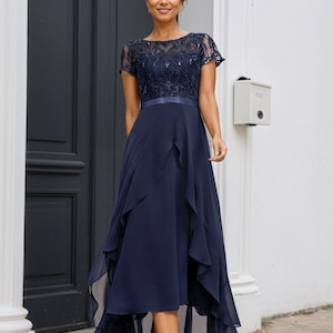 Tea Length Lace Mother of the Bride Dress with Sequins,Scoop-Neck Mother of the Groom Dress,Long Lace Sequins Wedding Guest Dress for Women