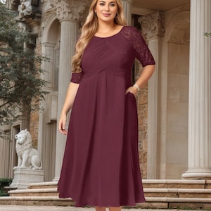 Tea Length Chiffon Lace Mother of the Bride Dress,A-line Illusion Mother of the Groom Dress,Lace Wedding Guest Dress for Women