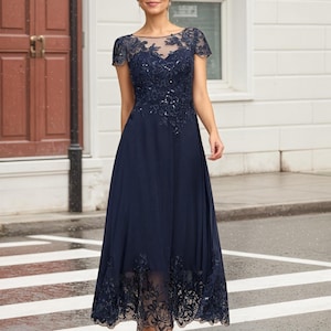 Lace Chiffon Tea Length Mother of the Bride Dress with Sequins,Scoop Illusion Mother of the Groom Dress,Lace Wedding Guest Dress for Women
