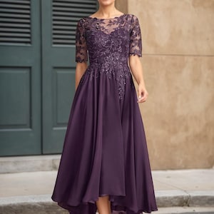Lace Chiffon Tea Length Mother of the Bride Dress with Sequins,Scoop Illusion Mother of the Groom Dress,Lace Wedding Guest Dress for Women