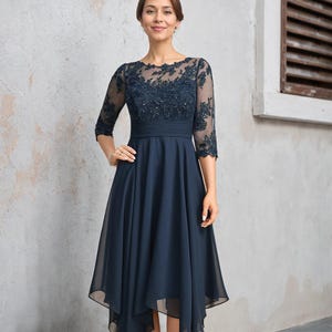 Tea Length Chiffon Lace Mother of the Bride Dress,A-line Illusion Mother of the Groom Dress,Asymmetrical Wedding Guest Dress for Women