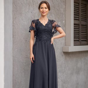 Chiffon Lace V Neck Mother of the Bride Dress with Sequins ,A-line Flutter Sleeves Mother of the Groom Dress, Wedding Guest Dress for Women