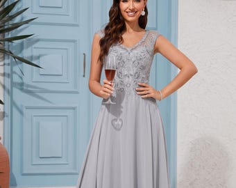 Sequin Lace Chiffon Mother of Groom Gown, V Neck A Line Formal Evening Dress