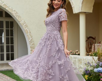 Tea Length Lace Tulle Mother of the Bride Dress: Handmade A-Line Illusion
