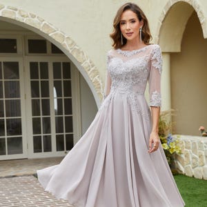 Hand-Embroidered Chiffon Mother of the Bride Dress, A-Line Tea Length Gown, Lace Sequins Formal Wear