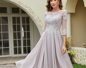 Hand-Embroidered Chiffon Mother of the Bride Dress, A-Line Tea Length Gown, Lace Sequins Formal Wear