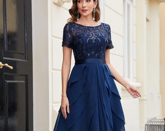 Elegant Mother of the Bride Dress | Short Sleeve Lace Beaded Bodice with Ruffled Chiffon Dress