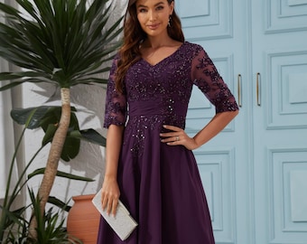 Lace Chiffon Mother of the Bride Dress: V-Neck Tea Length with Sequins