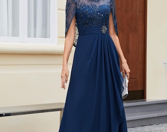 Abito da madre della sposa in chiffon e pizzo: abito formale a trapezio con paillettes