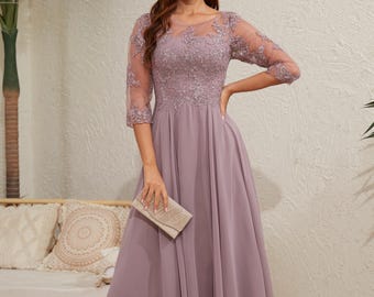 Tea Length Chiffon Lace Mother of the Bride Dress: Sequin A-Line