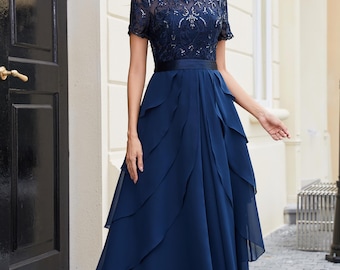 Elegant Mother of the Bride Dress | Short Sleeve Lace Beaded Bodice with Ruffled Chiffon Dress