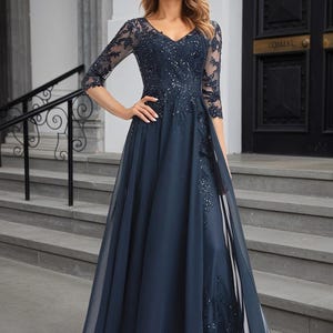 Lace Chiffon Mother of the Bride Dress with Sequins,V-Neck Mother of the Groom Dress,Long Lace Sequins Wedding Guest Dress for Women