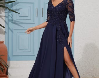Mother of the Bride Dresses With Long Sleeve - Maxi Mother of the Groom  Dress - Formal Plus Size Gown for Wedding Guest-navy Blue Lace Dress - Etsy