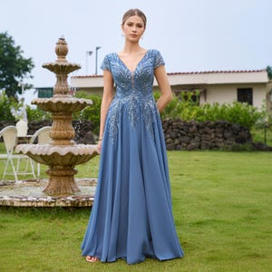 blue gray wedding guest dress Leely Women Grey Blue Floral Midi Wedding Guest Dress A Line Embroidered Thick Straps Garden Party Dress