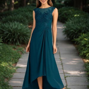 Asymmetrical Chiffon Lace Mother of the Bride Dress with Sequins,A-line Illusion Mother of the Groom Dress, Wedding Guest Dress for Women