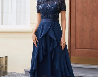 Robe mère de la mariée en mousseline brodée à la main, robe de mariée trapèze à paillettes