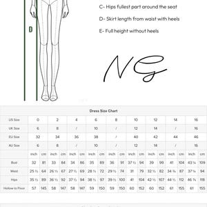 Op de afbeelding: Een illustratie van een vrouwelijk figuur met meetlijnen en een maattabel voor jurken. De tabel bevat US, UK, EU en AU maten, plus borst-, taille- en heupmaten in centimeters.