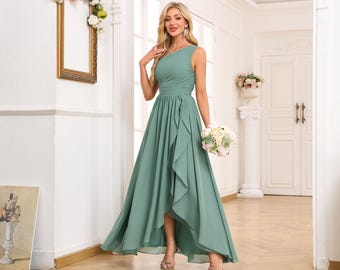 Chiffon Bridesmaid Dress | One-Shoulder Ruched Bodice High-Low Ruffled Gown